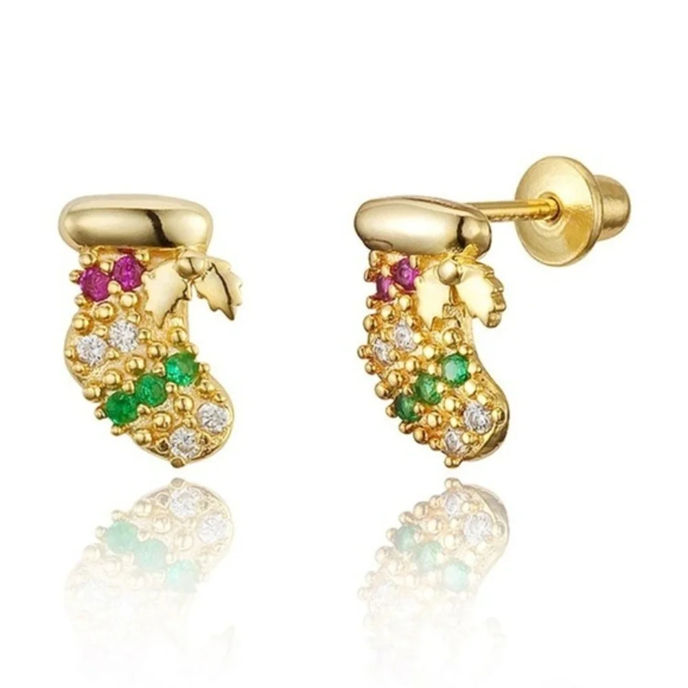 New Gold plated Christmas Stocking CZ Stud Earring